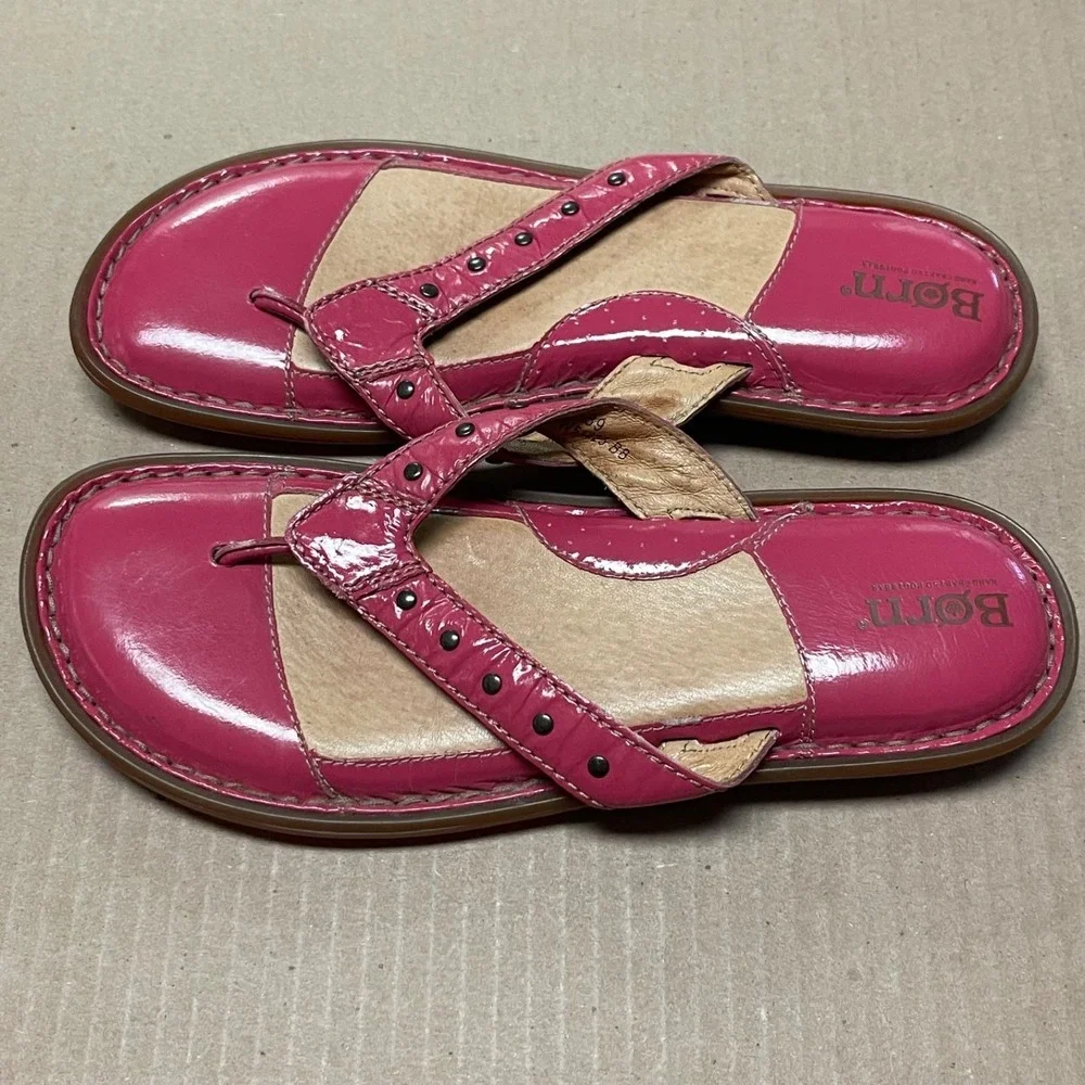 Børn Sz 8/ 38.5 Freesia Pink Leather Flat Thong Stud Comfort Sandal Flip Flops